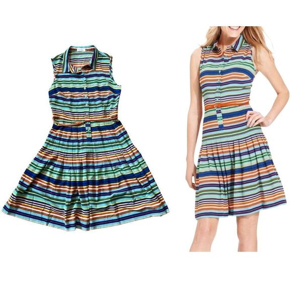 Calvin Klein Bright Stripe Pleated Dress Size 8 - Picture 1 of 17